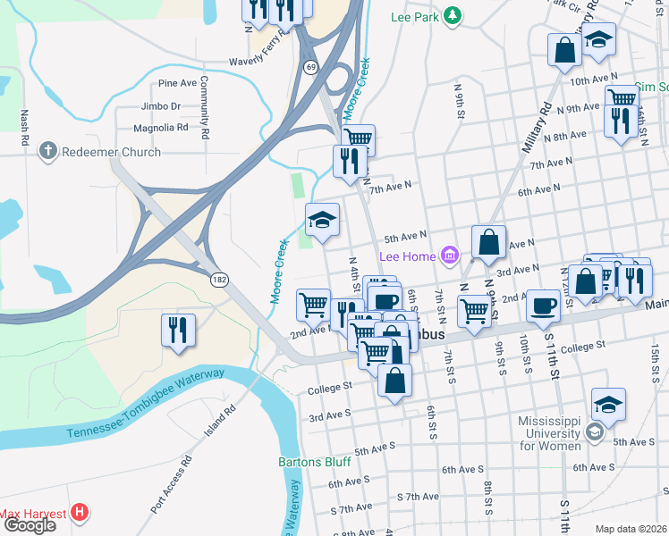 map of restaurants, bars, coffee shops, grocery stores, and more near 302 4th Avenue North in Columbus