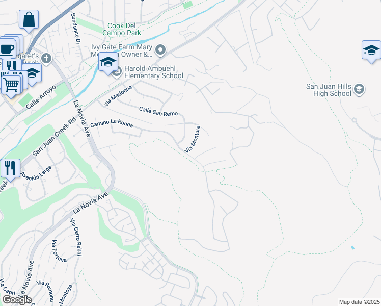 map of restaurants, bars, coffee shops, grocery stores, and more near 31962 Via Montura in San Juan Capistrano