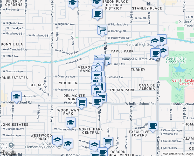 map of restaurants, bars, coffee shops, grocery stores, and more near 4229 North 9th Avenue in Phoenix
