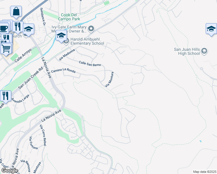 map of restaurants, bars, coffee shops, grocery stores, and more near 31962 Via Montura in San Juan Capistrano