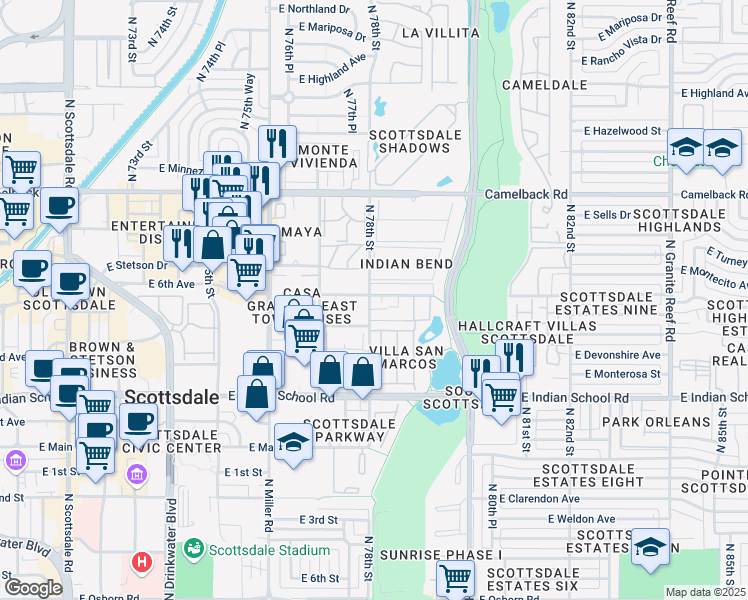 map of restaurants, bars, coffee shops, grocery stores, and more near 4247 North 78th Street in Scottsdale