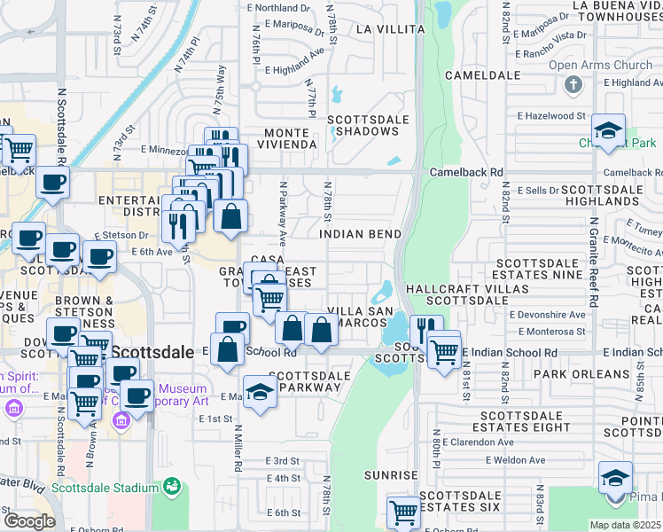 map of restaurants, bars, coffee shops, grocery stores, and more near 4247 North 78th Street in Scottsdale