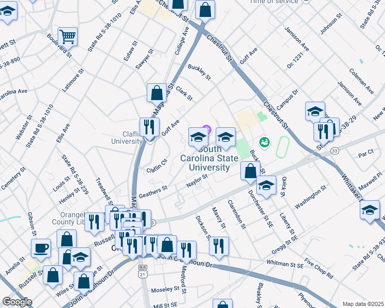 map of restaurants, bars, coffee shops, grocery stores, and more near 255 Geathers Street in Orangeburg