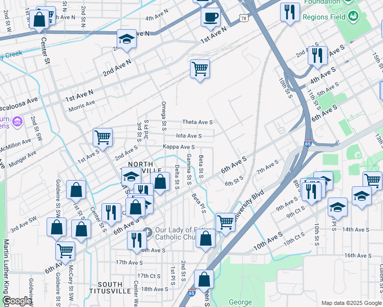 map of restaurants, bars, coffee shops, grocery stores, and more near 320 Gamma Street South in Birmingham