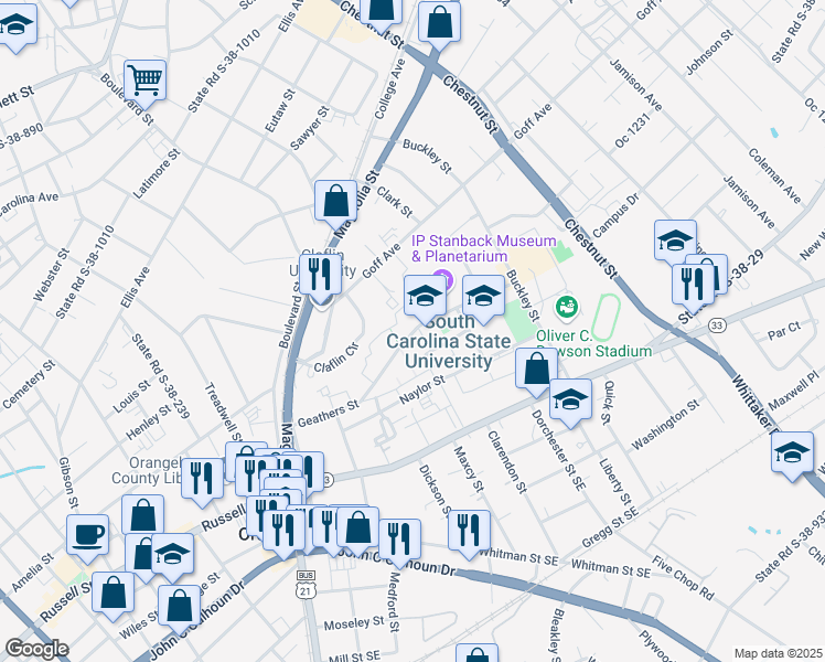 map of restaurants, bars, coffee shops, grocery stores, and more near 255 Geathers Street in Orangeburg