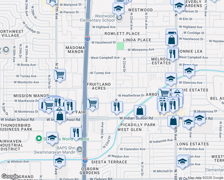 map of restaurants, bars, coffee shops, grocery stores, and more near 2311 West Glenrosa Avenue in Phoenix