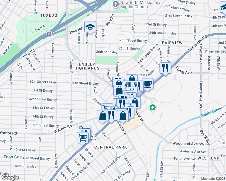 map of restaurants, bars, coffee shops, grocery stores, and more near 3070 Ensley Avenue in Birmingham