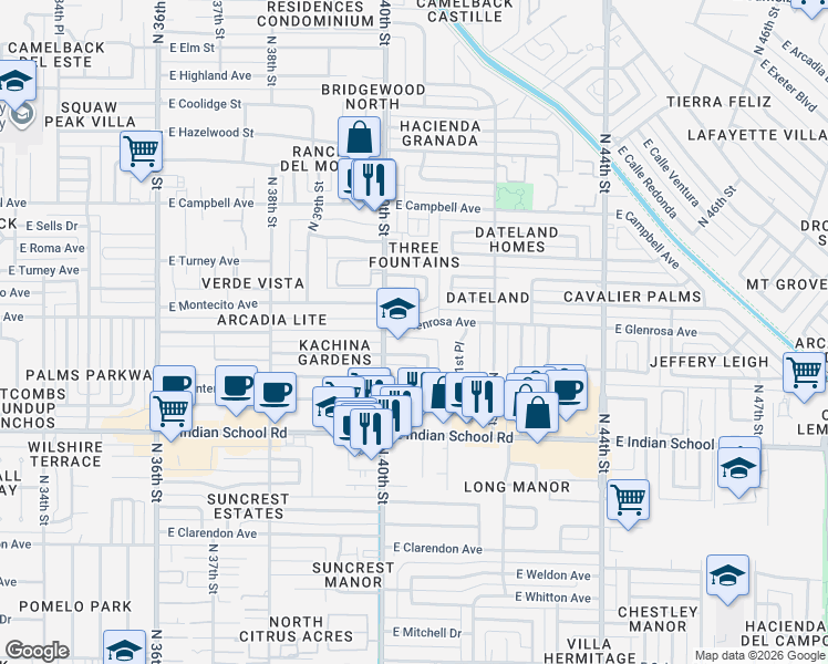 map of restaurants, bars, coffee shops, grocery stores, and more near 4223 North 40th Street in Phoenix