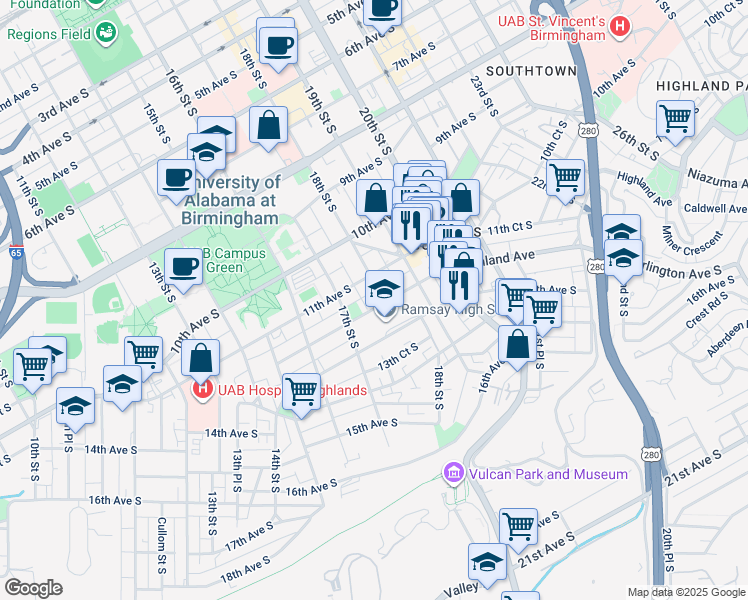 map of restaurants, bars, coffee shops, grocery stores, and more near 1730 12th Avenue South in Birmingham