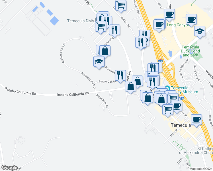 map of restaurants, bars, coffee shops, grocery stores, and more near 28400 Rancho California Road in Temecula