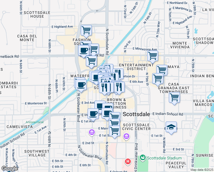 map of restaurants, bars, coffee shops, grocery stores, and more near in Scottsdale
