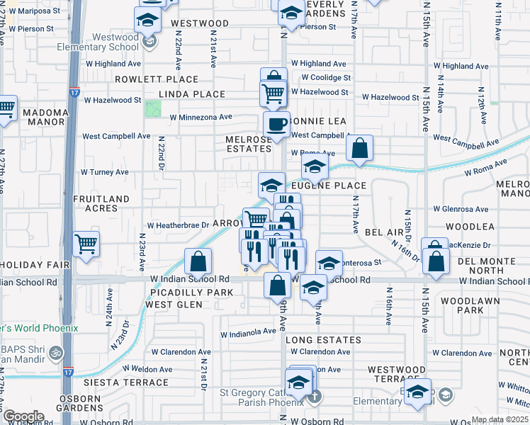 map of restaurants, bars, coffee shops, grocery stores, and more near 1950 West Heatherbrae Drive in Phoenix