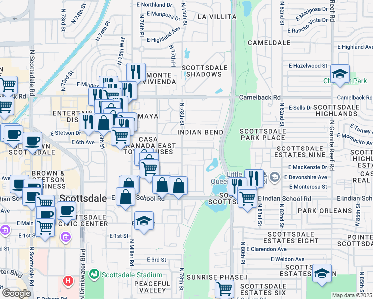 map of restaurants, bars, coffee shops, grocery stores, and more near 32 North 78th Street in Scottsdale