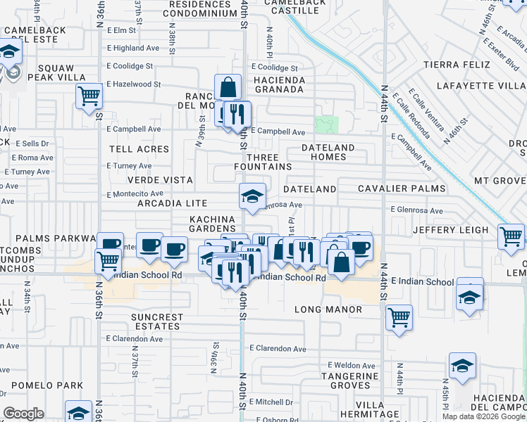 map of restaurants, bars, coffee shops, grocery stores, and more near 4223 North 40th Street in Phoenix