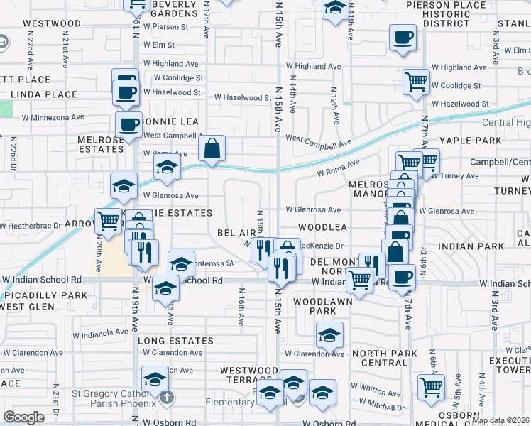 map of restaurants, bars, coffee shops, grocery stores, and more near 4243 North 15th Drive in Phoenix