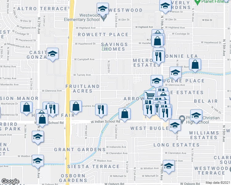 map of restaurants, bars, coffee shops, grocery stores, and more near 2214 West Heatherbrae Drive in Phoenix