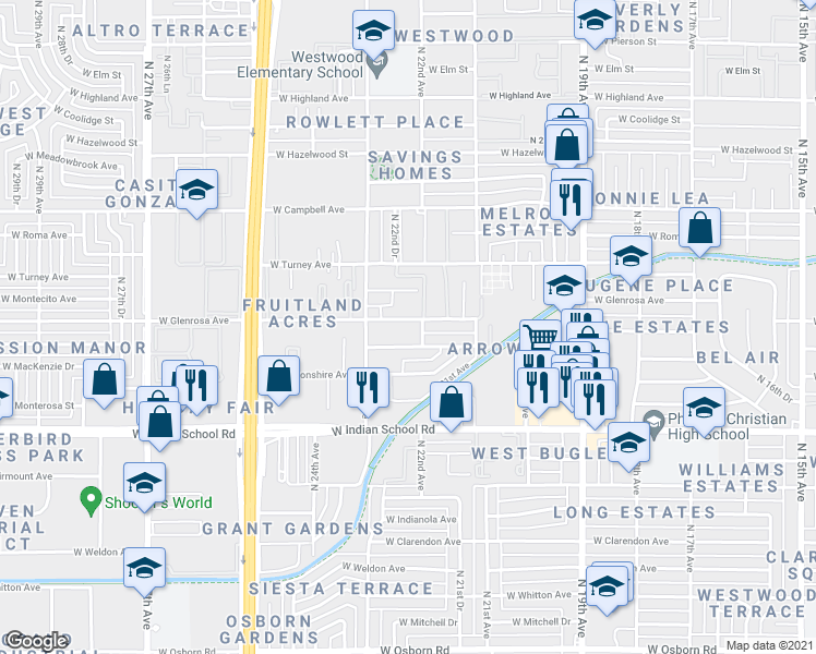 map of restaurants, bars, coffee shops, grocery stores, and more near 2214 West Heatherbrae Drive in Phoenix
