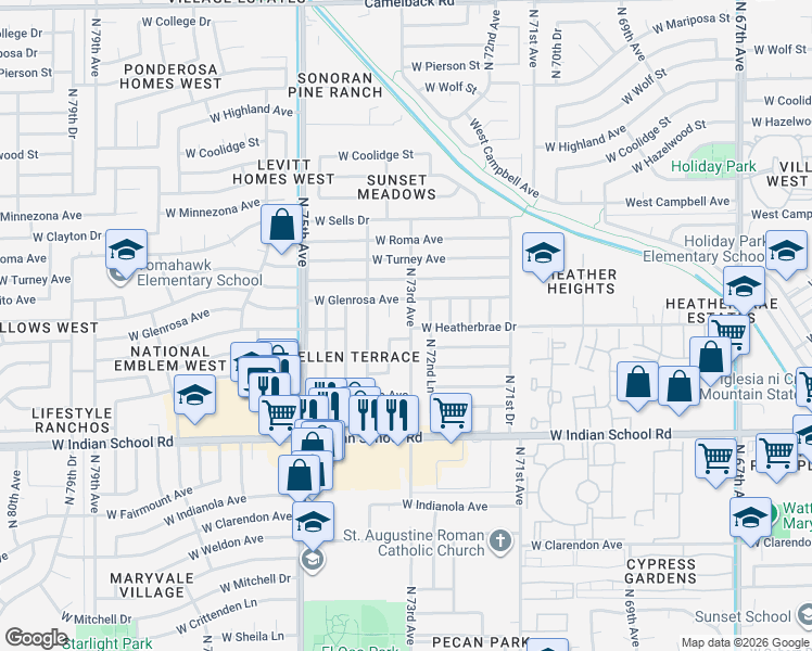 map of restaurants, bars, coffee shops, grocery stores, and more near 7302 West Heatherbrae Drive in Phoenix