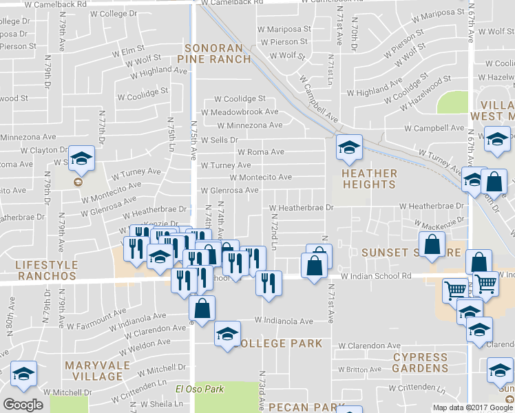 map of restaurants, bars, coffee shops, grocery stores, and more near 7302 West Heatherbrae Drive in Phoenix