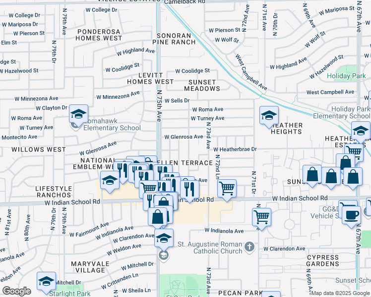 map of restaurants, bars, coffee shops, grocery stores, and more near 4254 North 73rd Lane in Phoenix