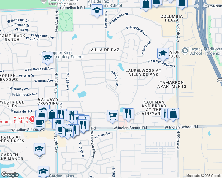 map of restaurants, bars, coffee shops, grocery stores, and more near 4380 North 103rd Avenue in Phoenix