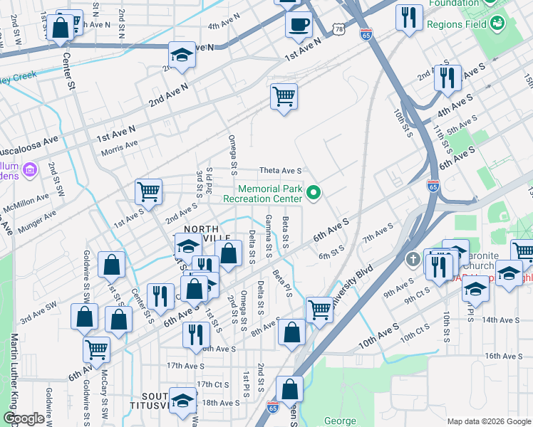 map of restaurants, bars, coffee shops, grocery stores, and more near 320 Gamma Street South in Birmingham