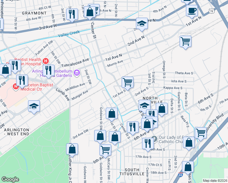 map of restaurants, bars, coffee shops, grocery stores, and more near 22 1st Avenue South in Birmingham