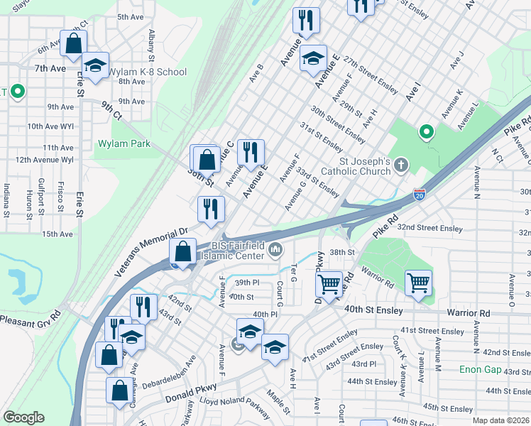 map of restaurants, bars, coffee shops, grocery stores, and more near 3601 Avenue F in Fairfield