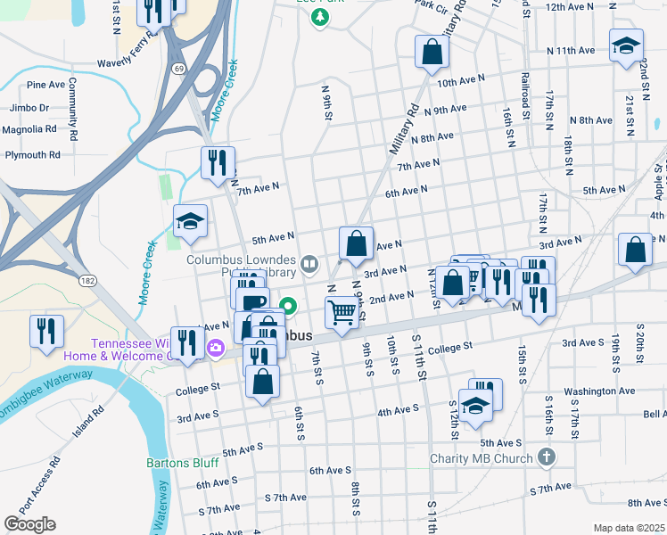 map of restaurants, bars, coffee shops, grocery stores, and more near 320 North 8th Street in Columbus