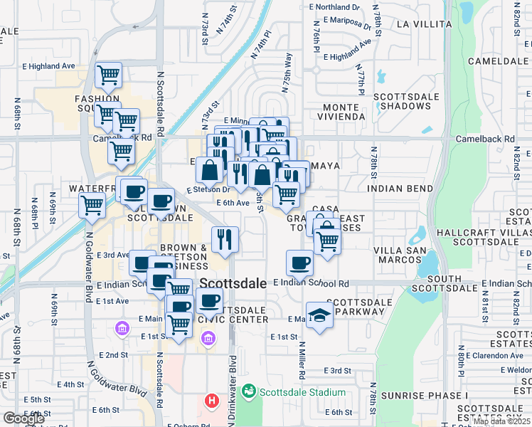 map of restaurants, bars, coffee shops, grocery stores, and more near 4295 North 75th Street in Scottsdale