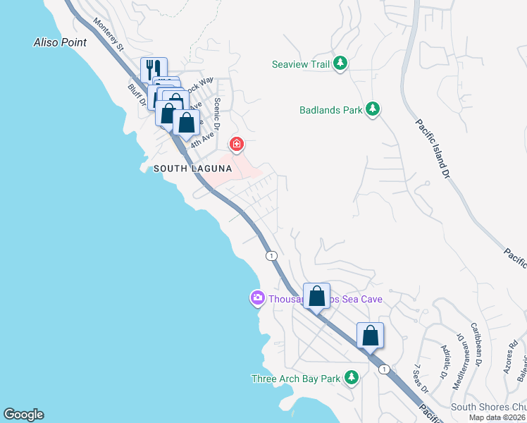 map of restaurants, bars, coffee shops, grocery stores, and more near 31985 Virginia Way in Laguna Beach