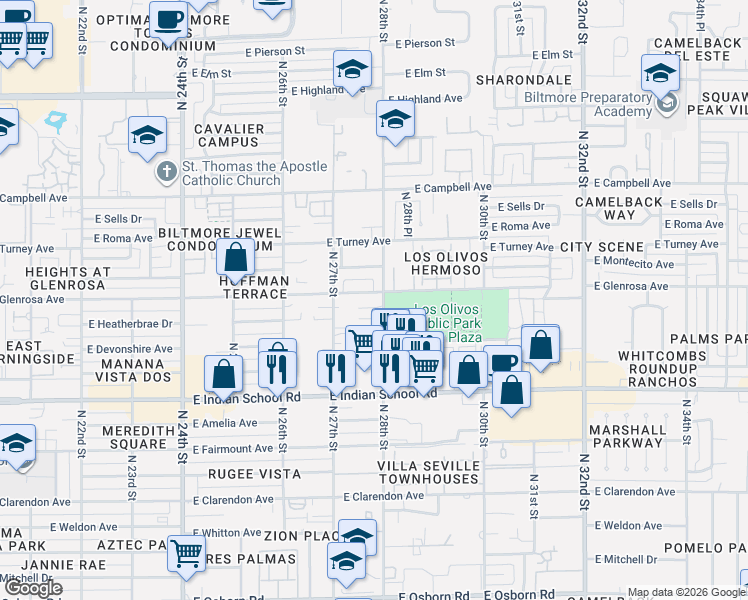 map of restaurants, bars, coffee shops, grocery stores, and more near 2737 East Glenrosa Avenue in Phoenix