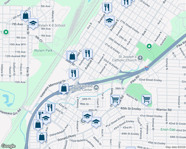 map of restaurants, bars, coffee shops, grocery stores, and more near 3601 Avenue F in Fairfield