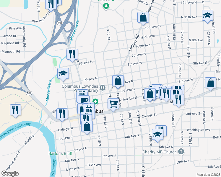 map of restaurants, bars, coffee shops, grocery stores, and more near 320 North 8th Street in Columbus