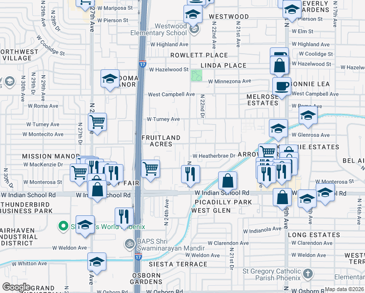 map of restaurants, bars, coffee shops, grocery stores, and more near 2311 West Glenrosa Avenue in Phoenix
