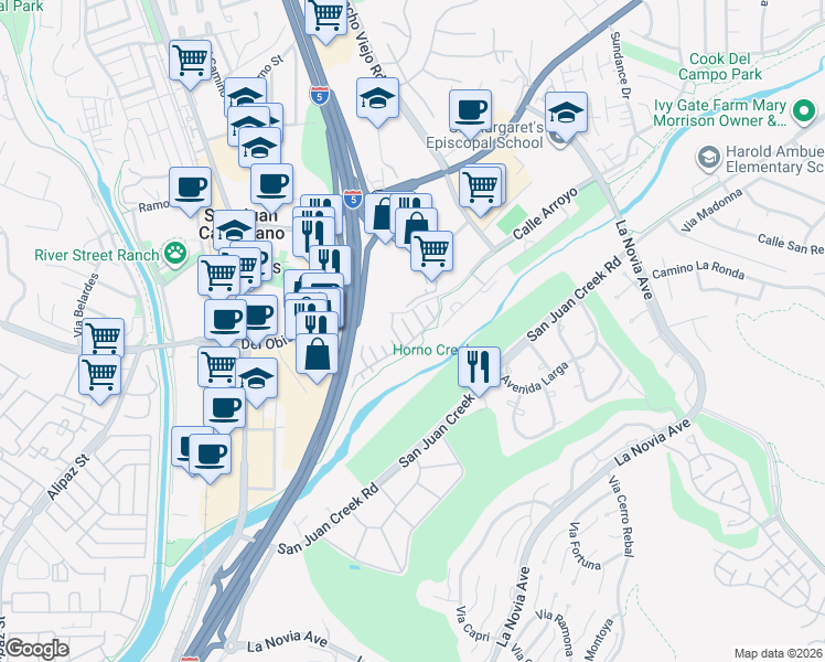 map of restaurants, bars, coffee shops, grocery stores, and more near 31978 Paseo Bridel in San Juan Capistrano