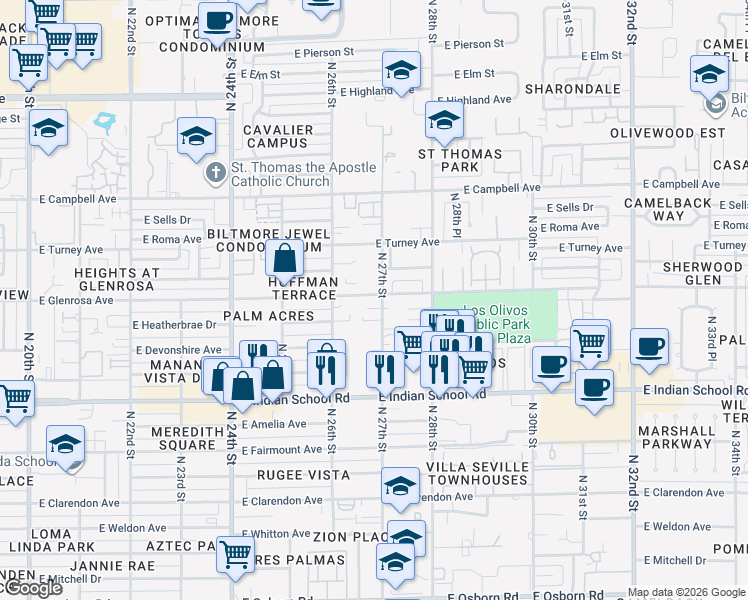 map of restaurants, bars, coffee shops, grocery stores, and more near in Phoenix