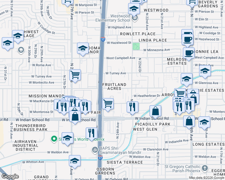 map of restaurants, bars, coffee shops, grocery stores, and more near 2421 West Glenrosa Avenue in Phoenix