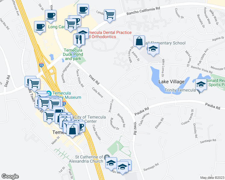 map of restaurants, bars, coffee shops, grocery stores, and more near 42740 Portraits Lane in Temecula