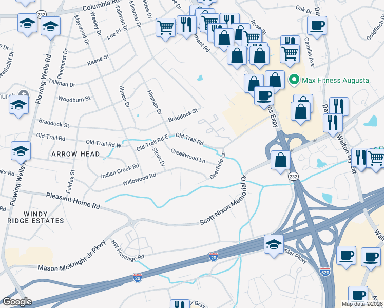 map of restaurants, bars, coffee shops, grocery stores, and more near 3917 Creekwood Lane in Augusta