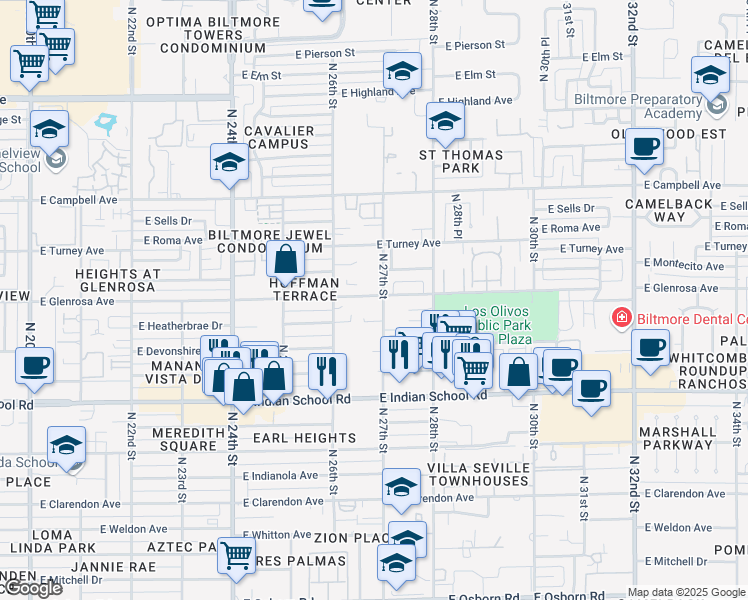 map of restaurants, bars, coffee shops, grocery stores, and more near in Phoenix