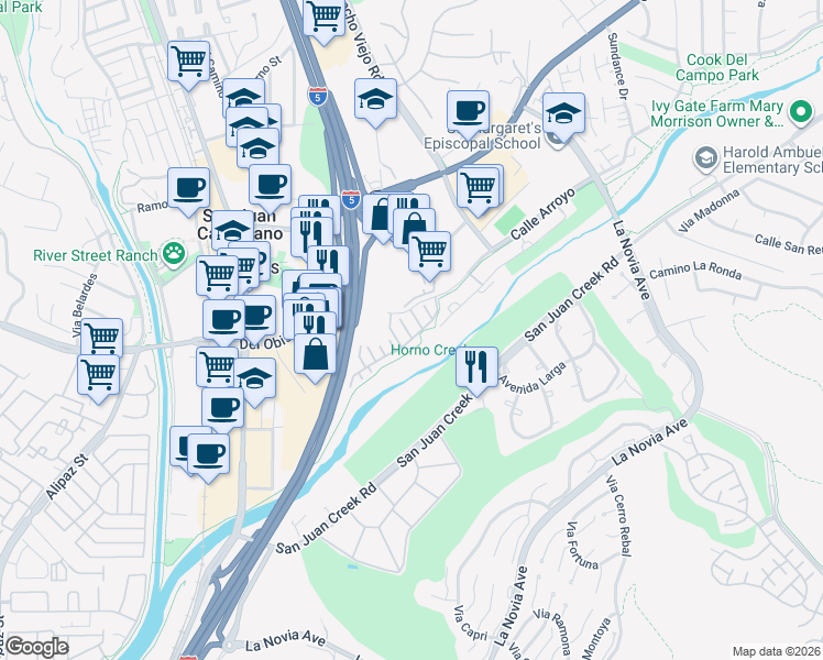 map of restaurants, bars, coffee shops, grocery stores, and more near 31978 Paseo Bridel in San Juan Capistrano