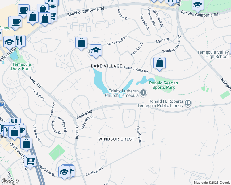 map of restaurants, bars, coffee shops, grocery stores, and more near 30249 Mira Loma Drive in Temecula