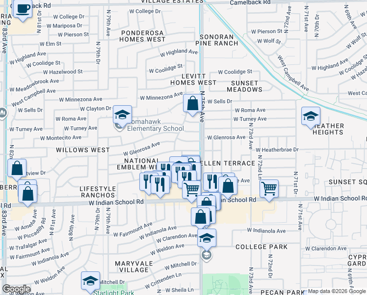 map of restaurants, bars, coffee shops, grocery stores, and more near 7533 West Heatherbrae Drive in Phoenix