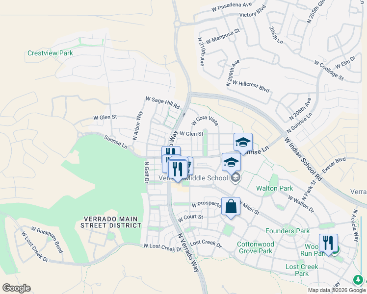 map of restaurants, bars, coffee shops, grocery stores, and more near 21035 West Elm Way Court in Buckeye