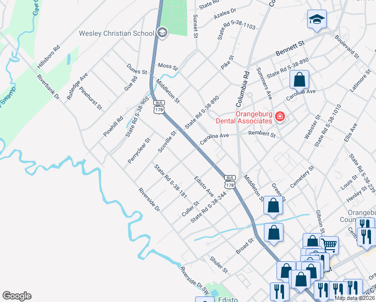 map of restaurants, bars, coffee shops, grocery stores, and more near 1040 Carolina Avenue in Orangeburg