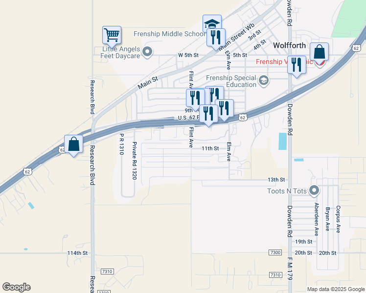map of restaurants, bars, coffee shops, grocery stores, and more near 806 11th Street in Wolfforth