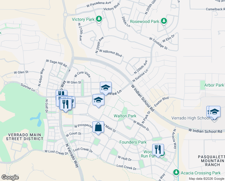 map of restaurants, bars, coffee shops, grocery stores, and more near 20768 West Sunrise Court in Buckeye