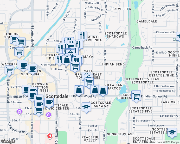 map of restaurants, bars, coffee shops, grocery stores, and more near 4273 North Miller Road in Scottsdale