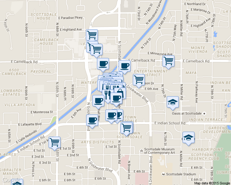 map of restaurants, bars, coffee shops, grocery stores, and more near 7141 East 5th Avenue in Scottsdale